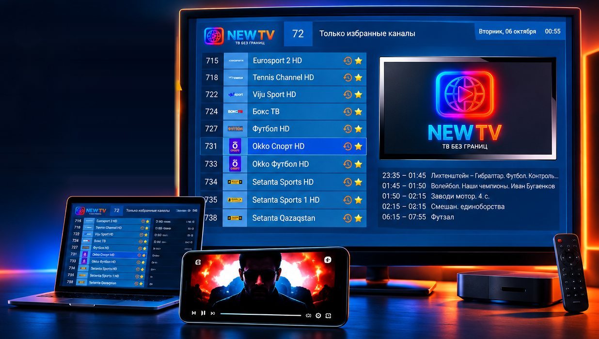 Интерфейс New TV на телевизоре, ноутбуке и смартфоне: список каналов, программа передач и приставка с пультом